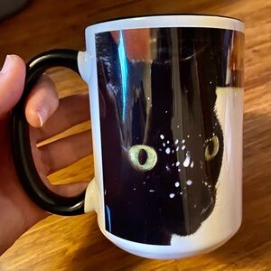 Black cat with green eyes & milk on her face, kitty lover poem on the back mug